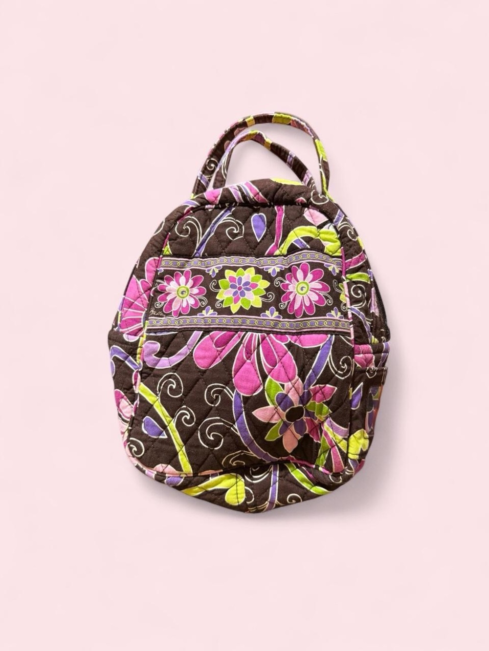 Quilted Floral Mini Backpack - Brown with Pink & Lime Accents
